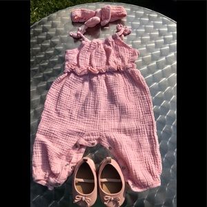 6-9M blush romper with matching headband & shoes
